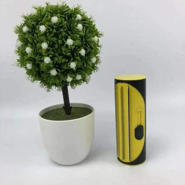 Pet hair remover brush near potted plant, compact and lightweight design.