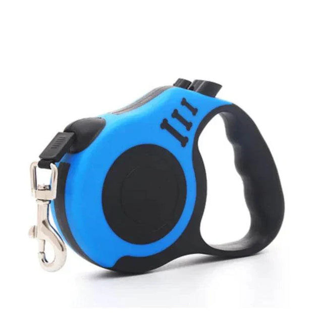 Blue retractable led lights dog leash with black easy-grip handle and durable construction.