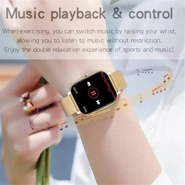 Fitness Tracker Smart Watch with music playback and control on wrist.