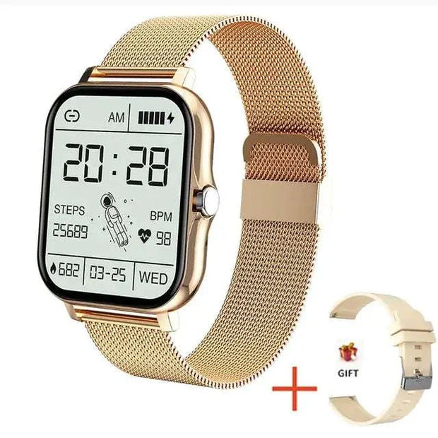 Fitness Tracker Smart Watch with 1.69" color touch screen and gold mesh band.