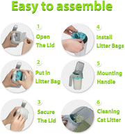 Easy assembly steps for Cat Litter Shovel, open lid, insert bag, secure, install handle, clean litter.