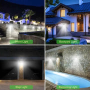 Outdoor garden solar lamp illuminating street, backyard, steps, and swimming area at night.
