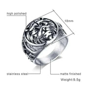 Stainless steel vintage Lion Head Ring with intricate design, electric silver color, 18mm width.