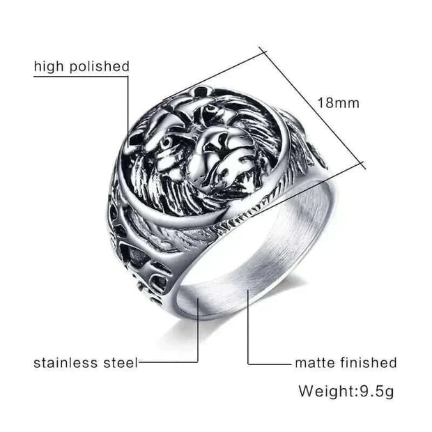 Stainless steel vintage Lion Head Ring with intricate design, electric silver color, 18mm width.