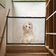 Dog gate fence for stair safety with see-through mesh fabric.