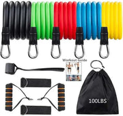 Fitness resistance bands set with color-coded bands, non-slip handles, door anchor, guide, and carrying pouch.
