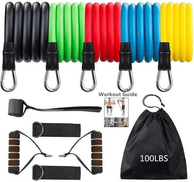 Fitness resistance bands set with color-coded bands, non-slip handles, door anchor, guide, and carrying pouch.
