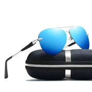 Mens luxury brand sunglasses with blue polarized lenses and sleek design, presented on a stylish case for added elegance and protection.