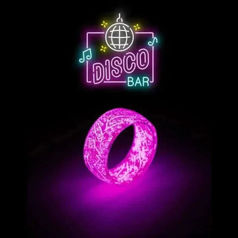 Unisex Luminous Rings glowing in the dark with a disco bar theme.