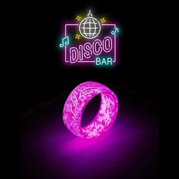 Unisex Luminous Rings glowing in the dark with a disco bar theme.