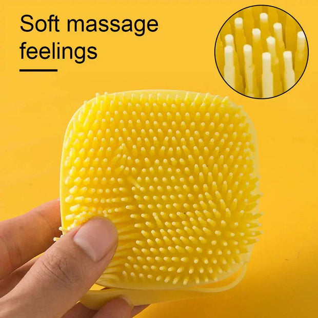 Soft Silicone Dog Brush with gentle yellow bristles for soothing pet grooming.