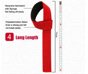 Gym Lifting Straps in red color, showcasing neoprene fabrication, long length of 300 cm, and durability with polyester/cotton ribbon.