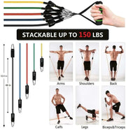 Fitness resistance bands with handles, multi-color options, stackable up to 150 lbs, showing exercises for arms, shoulders, back, calfs, legs, biceps, and triceps.