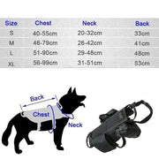 Tactical Military Dog Harness sizing guide featuring size chart and harness diagram.