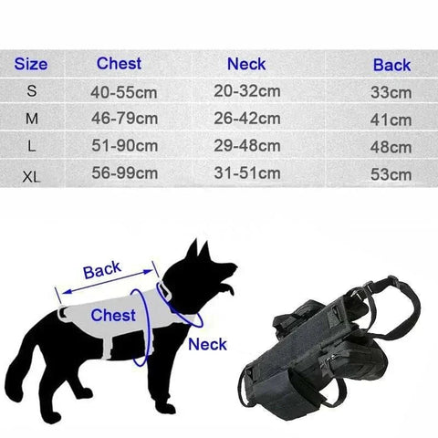 Tactical Military Dog Harness sizing guide featuring size chart and harness diagram.