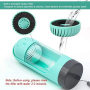 Portable dog drinker bottle with built-in activated carbon filter.