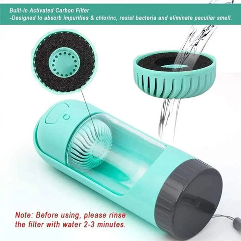 Portable dog drinker bottle with built-in activated carbon filter.