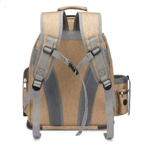 Space Capsule Cat Backpack with breathable oxford material and detachable water bowl, rear view.