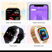 Smartwatch displaying heart rate, sleep monitoring, music playback, and Bluetooth call features.