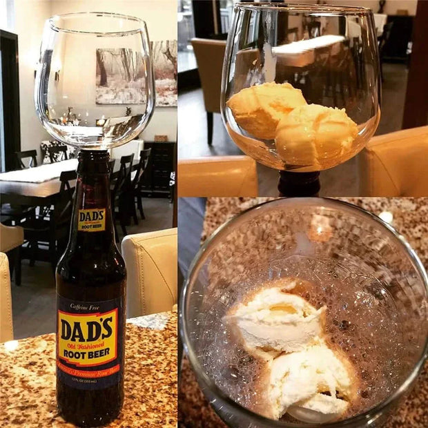 Creative Champagne Glass showcasing innovative design with root beer float inside, highlighting versatility and elegance.
