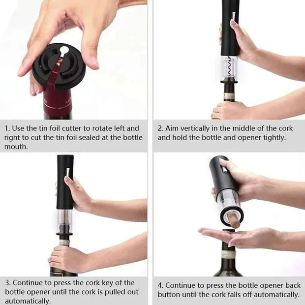 Automatic wine bottle opener demonstrating simple steps: foil cutting, positioning, and cork removal.