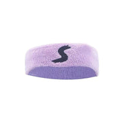 Lavender fitness headband with a black logo, sweat-wicking, versatile for workouts.