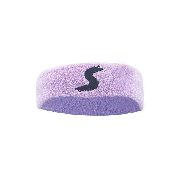 Lavender fitness headband with a black logo, sweat-wicking, versatile for workouts.