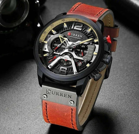 Military Leather Chronograph Watch with brown leather strap and bold dial displaying chronograph sub-dials.
