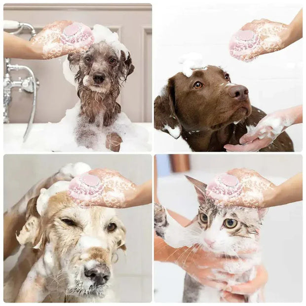 Soft Silicone Dog Brush used in pet grooming with built-in shampoo dispenser during bath time.