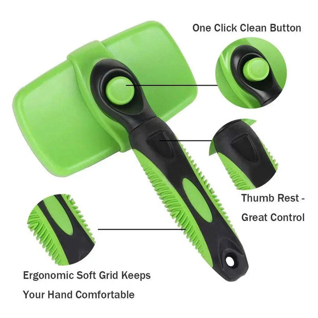 Self Cleaning Dog Brush with ergonomic design, easy-clean button, and soft grip handle.