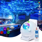 Northern Lights Star Projector illuminating a room with colorful aurora patterns, featuring Bluetooth and remote control.