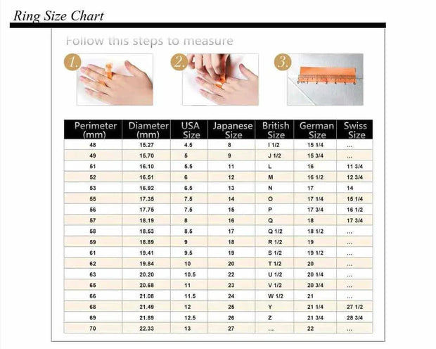 Ring size chart with measurements in perimeter, diameter, USA, Japanese, British, German, and Swiss sizes.