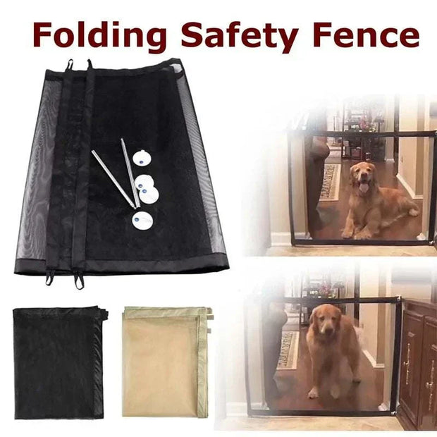Dog Gate Fence with nylon mesh for pet safety, featuring adjustable size, retractable design, and easy installation.