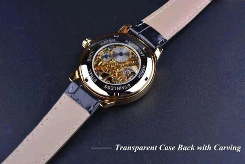 Luxury Brand Watch with transparent case back and intricate carving design.
