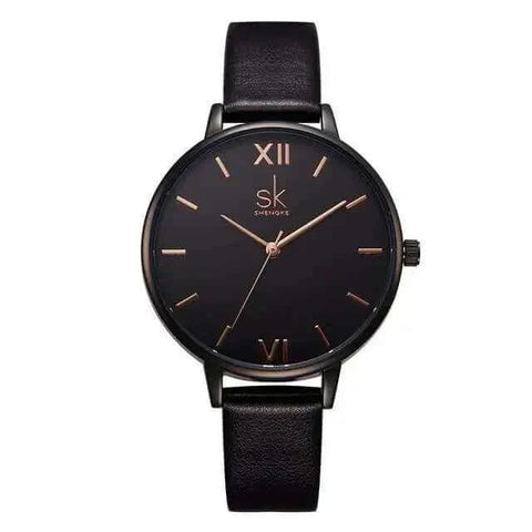 Sleek Shengke Fashion Watch with black face and leather band, blending elegance and precision.