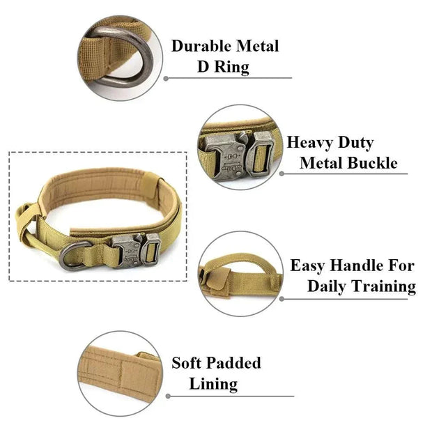 Heavy-Duty Dog Collar with durable metal D-ring, heavy-duty buckle, soft padded lining, and easy training handle.
