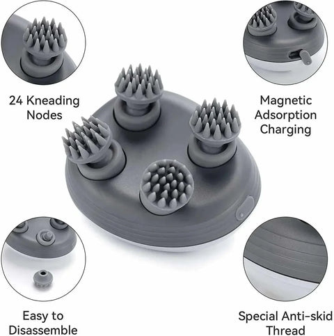 Electric Scalp Massager with 24 kneading nodes, anti-skid thread, and magnetic adsorption charging.