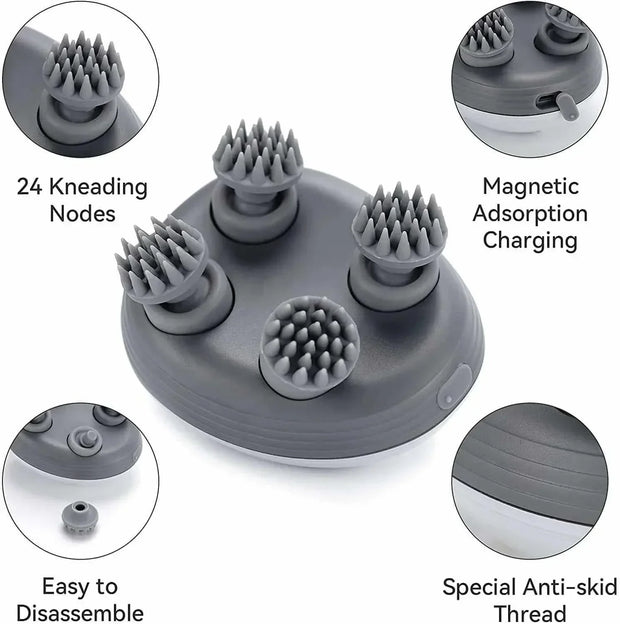 Electric Scalp Massager with 24 kneading nodes, anti-skid thread, and magnetic adsorption charging.