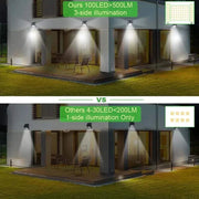Outdoor area illuminated with Garden Solar Lamp showcasing bright 3-side lighting compared to dimmer 1-side lighting.