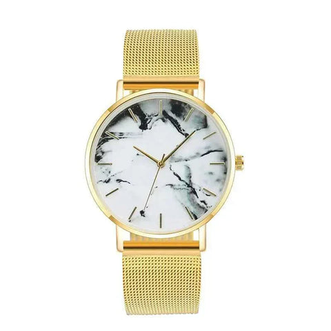 Rose Gold Mesh Band Marble Watch with marble face and elegant mesh strap.