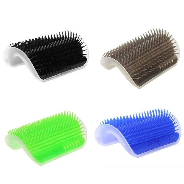 Cat Corner Groomer Brush in black, grey, green, and blue, designed for feline self-grooming.