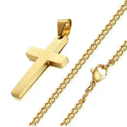 Gold cross necklace with chain, symbolizing faith and elegance.