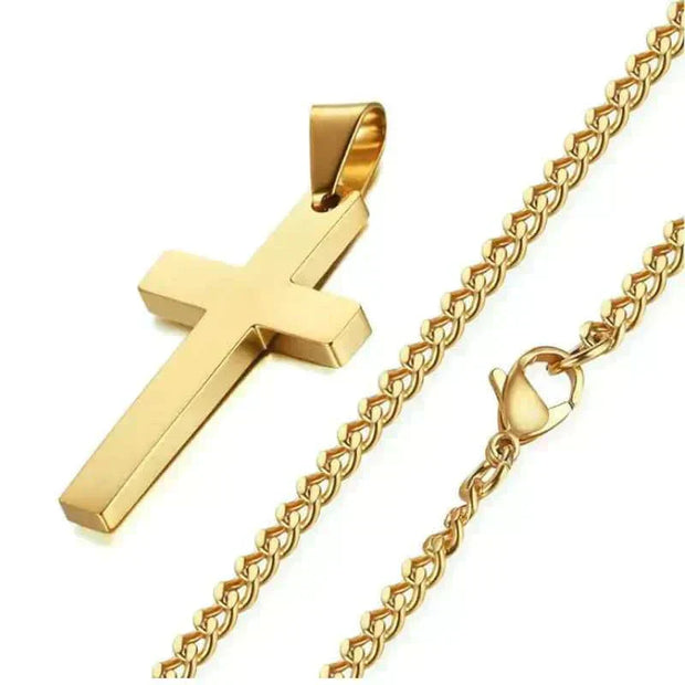 Gold cross necklace with chain, symbolizing faith and elegance.