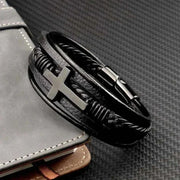 Mens Chakra Bracelet with cross design, crafted from premium leather and stainless steel, featuring double safety clasps.