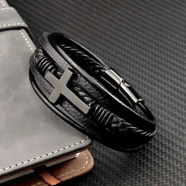 Mens Chakra Bracelet with cross design, crafted from premium leather and stainless steel, featuring double safety clasps.