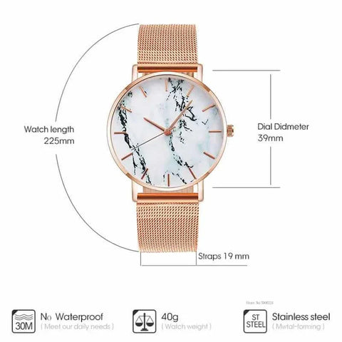 Rose Gold Mesh Band Marble Watch with 39mm dial, elegant marble face, and alloy mesh strap.