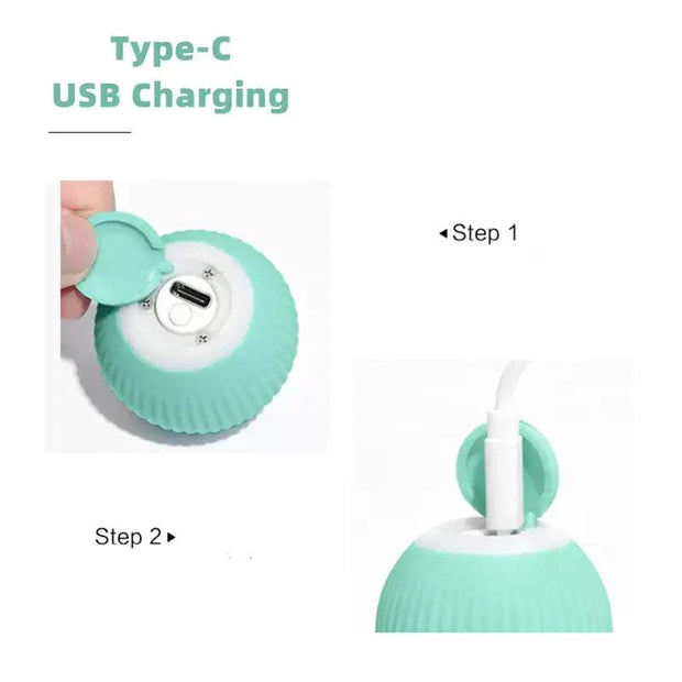 Type-C USB charging for Smart Cat Ball Toy, green design, easy plug-in steps.