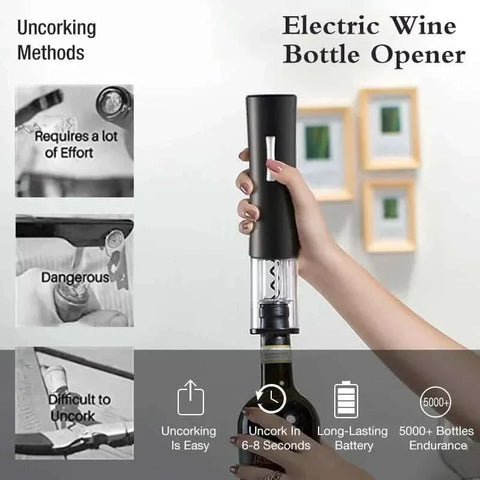 Automatic wine bottle opener with ergonomic design, transparent screw cover, and easy one-touch operation. Perfect for effortless uncorking.