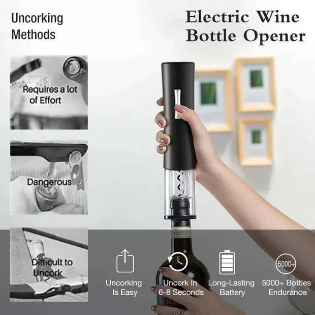 Automatic wine bottle opener with ergonomic design, transparent screw cover, and easy one-touch operation. Perfect for effortless uncorking.