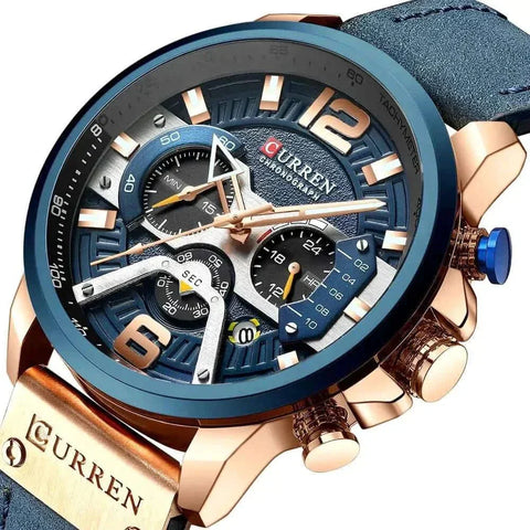 Military Leather Chronograph Watch with robust leather strap and bold dial design.